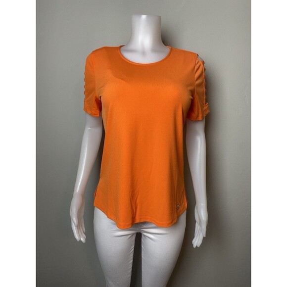 F. Michael Kors Top M Orange Blouse Short Sleeve Round Neck NWT $68 - Picture 5 of 10